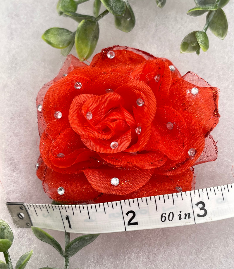 Red rose flower crystal rhinestone embellished alligator clip approximately 3.0” formal hair accessory wedding bridal