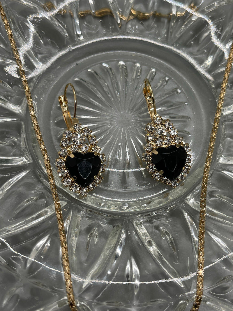 Black crystal rhinestone hearts 4 pc set gold necklace earrings ring set