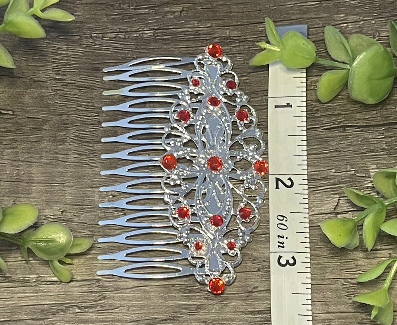 Ruby Red crystal rhinestone Comb on 3.5” silver Metal Hair Comb accessory Handmade Retro Bridal Prom birthday