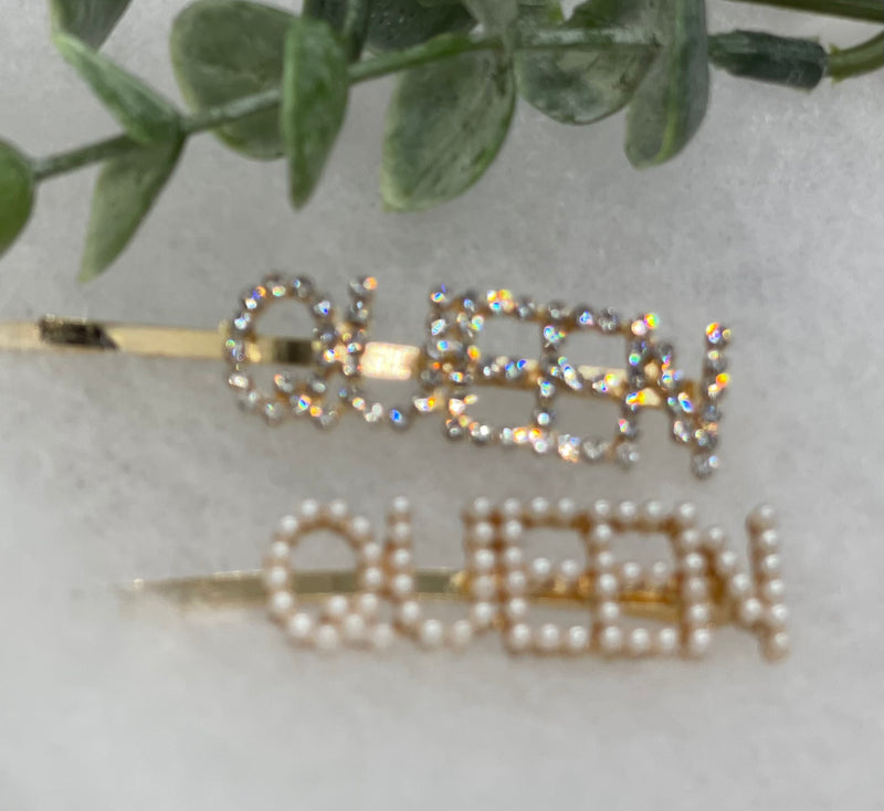 Gold Crystal Pearl Rhinestone 2 pc set hair pins approximately 3.0” QUEEN letter formal princess accessory accessories birthday gift