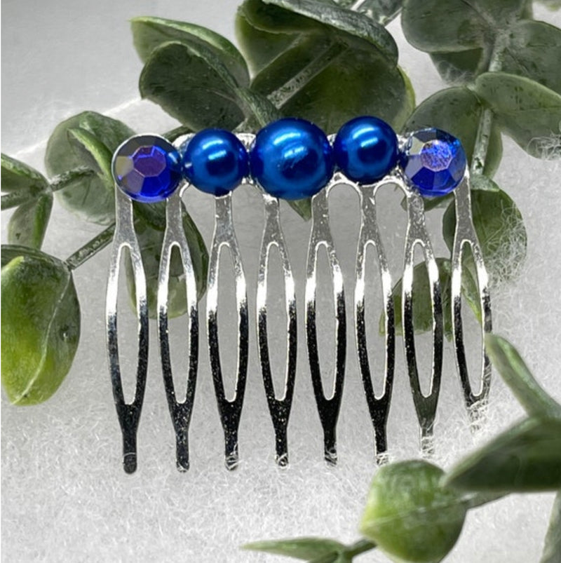 Royal blue faux Pearl crystal side comb approximately 2.0”long metal hair accessory bridal wedding Retro