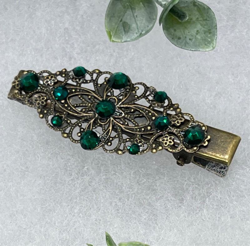 Emerald  crystal vintage antique style leaf hair alligator clip on a 2.5”Handmade hair accessory bridal wedding Retro Bridal Party Prom Birthday gifts