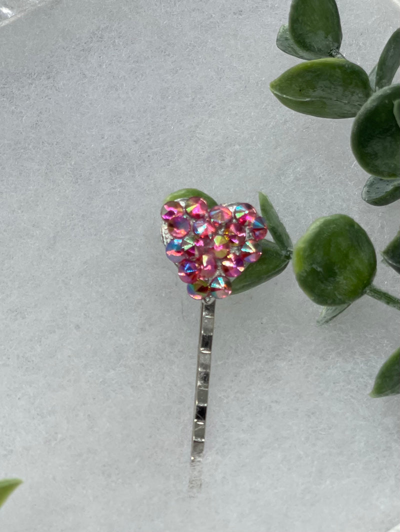 Pink heart crystal rhinestone silver 2.5” hair pin hair accessories gift birthday