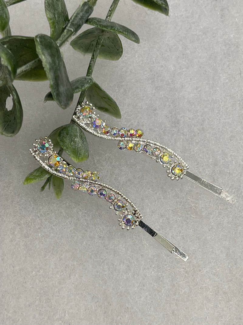 Iridescent crystal rhinestone approximately 2.0” silver tone hair pins 2 pc set wedding bridal shower engagement formal princess accessory accessories